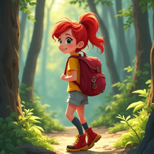 A cheerful girl with red hair walks through woods. She has a backpack. The setting is sunny with trees lining the path.