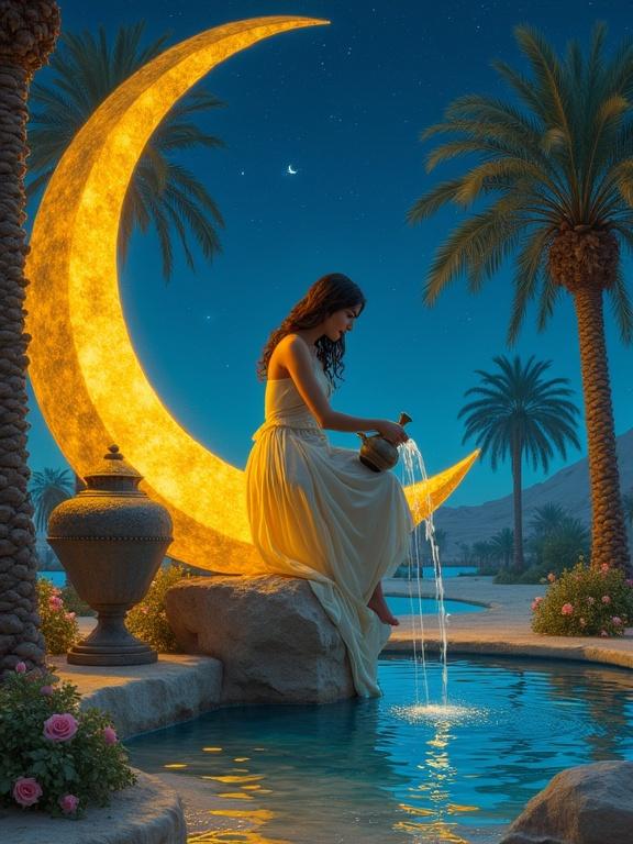 Profession photograph of a woman sitting on a crescent moon pouring water from an urn down into a desert oasis with palm trees and roses at night