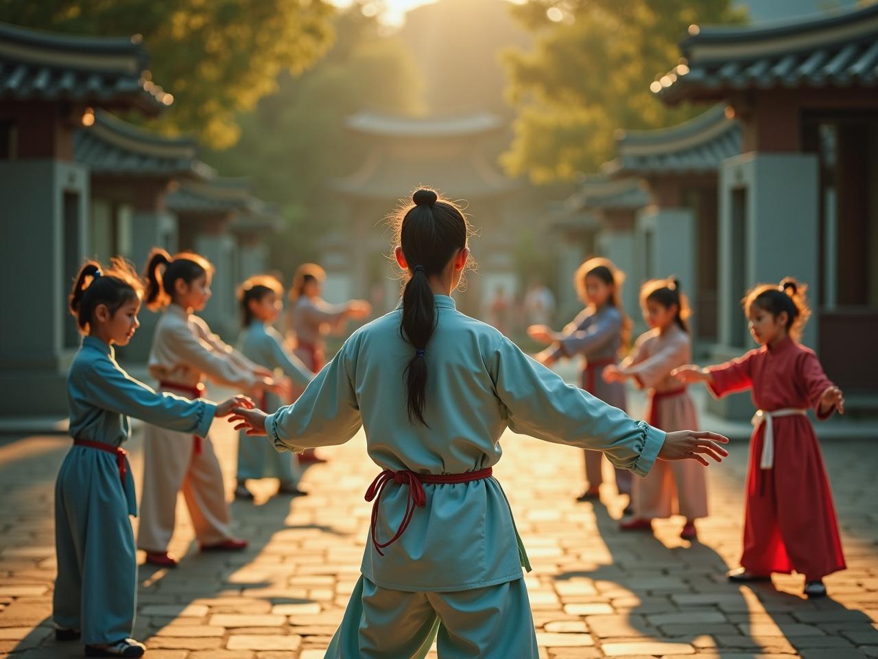 Aerial cinematic image showing a practitioner guiding children in Tai Chi Chuan. The scene captures the essence of tradition being passed down to the next generation. Each child is focused, mimicking the graceful movements demonstrated by the teacher. The surrounding environment is serene, highlighting the importance of this practice. The composition is hyper-realistic, shot with an Arriflex camera to enrich the visual detail. The movement flows seamlessly, portraying the beauty of Tai Chi and its cultural significance.