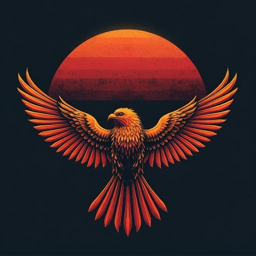 Logo design for 'Vermillion Bird Productions'. Features a stylized bird with wings spread wide. Bold colors of red and orange with a gradient background resembling a sunset. Design incorporates retro and futuristic elements in font style.