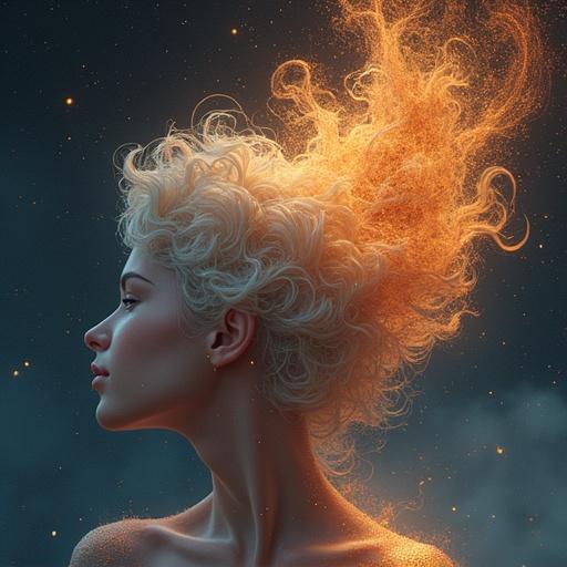 An abstract image of a female figure with swirling hair. Soft light enhances the ethereal quality. Colorful glowing particles surround the figure, creating a fantasy atmosphere. Suitable for artistic expression and branding.