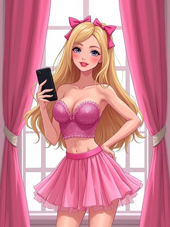 Digital anime illustration of a female character inspired by Barbie fashion in a room. Character has long blonde hair with pink bows and wears a sparkly pink top and layered pink skirt. She poses with a smartphone in her right hand. Background features pink curtains and bold text. Detailed outfit and surroundings with cel-shaded colors and clean lines.