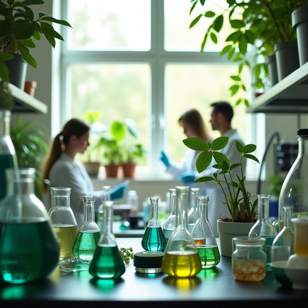 This image depicts a vibrant laboratory scene focused on green chemistry. In the foreground, a variety of beakers and flasks filled with colorful liquids showcase scientific exploration. The background features two scientists working amidst plants, emphasizing a harmonious relationship with nature. Natural light illuminates the scene, creating a bright and encouraging atmosphere for research. The plants and glassware symbolize eco-friendly practices. This setting is ideal for discussions on sustainability in chemistry and the development of greener solutions.