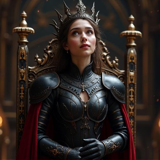 Beautiful young woman with black and crimson gothic armor. Wearing ornate grand crown. Standing in dark majestic throne room. Room adorned with magical glyphs. Soft gentle face with natural features. Faint blush and shy smile. Large expressive timid eyes. Slightly hunched posture. Fingers nervously fidgeting. Gesturing toward ornate chair. Magical particles floating around. Hyper-realistic lighting with texture and depth.