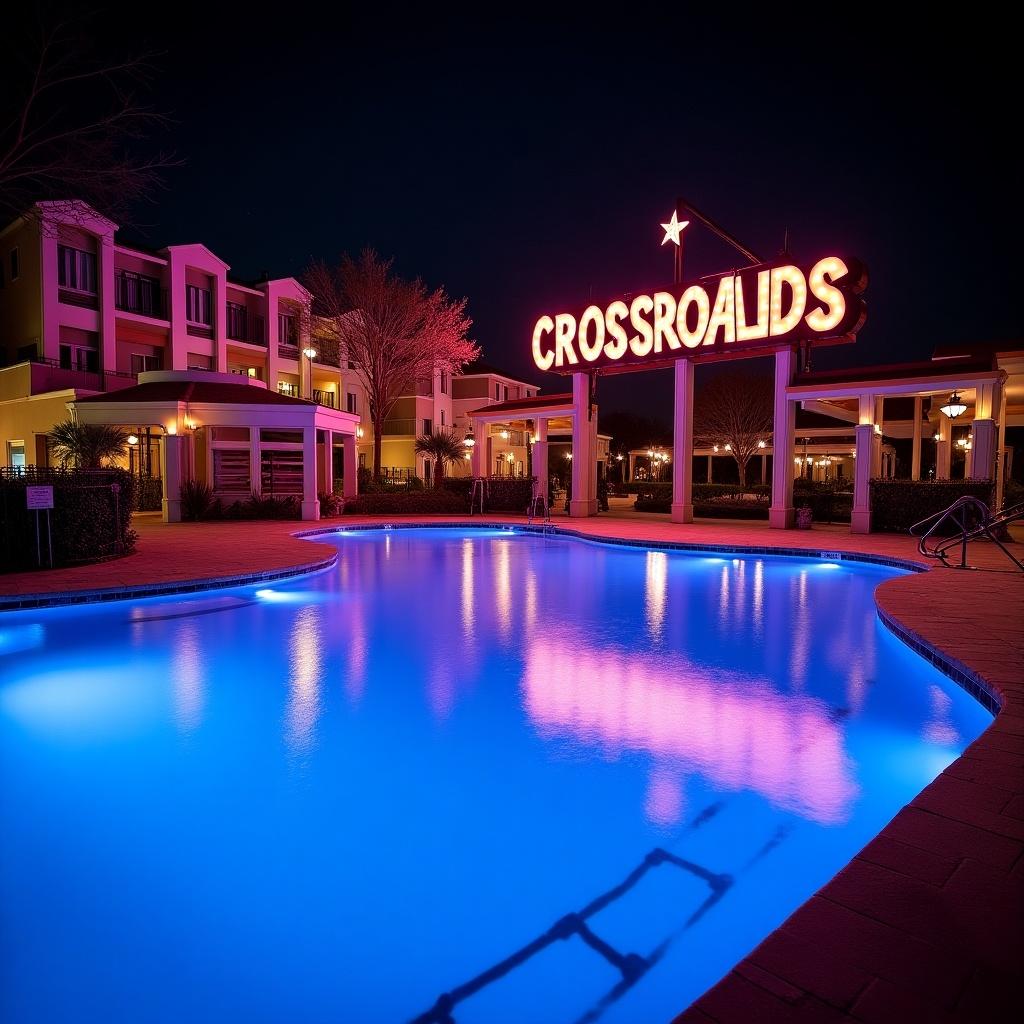 This image features a vibrant swimming pool illuminated at night, showcasing a stunning view of a giant sign that reads 'Crossroads'. The pool water glows in shades of blue, providing a tranquil ambiance. Surrounding the pool are stages that add a unique touch to the outdoor space. The sign above serves as a captivating focal point against the night sky. This setting is perfect for relaxation or social gatherings, epitomizing luxury and modern lifestyle.