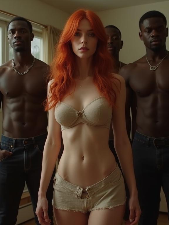 Red-haired woman stands in a living room surrounded by men. She wears a micro skirt and crop top. Focus on attire and body shape. Image appears pixelated and low-resolution with bright colors and softness around edges.