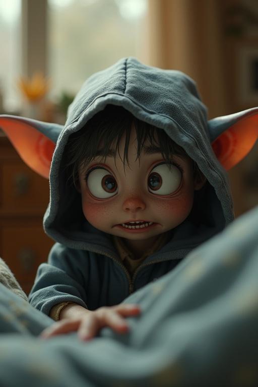 A 3D cartoon humanoid creature with big eyes and ears hides under bed covers. The character looks scared and is in a messy bedroom with dim sunlight. The oversized hoodie adds to the cuteness. The expression is exaggerated and intense. The style is hyperreal and cinematic with a shallow depth of field.
