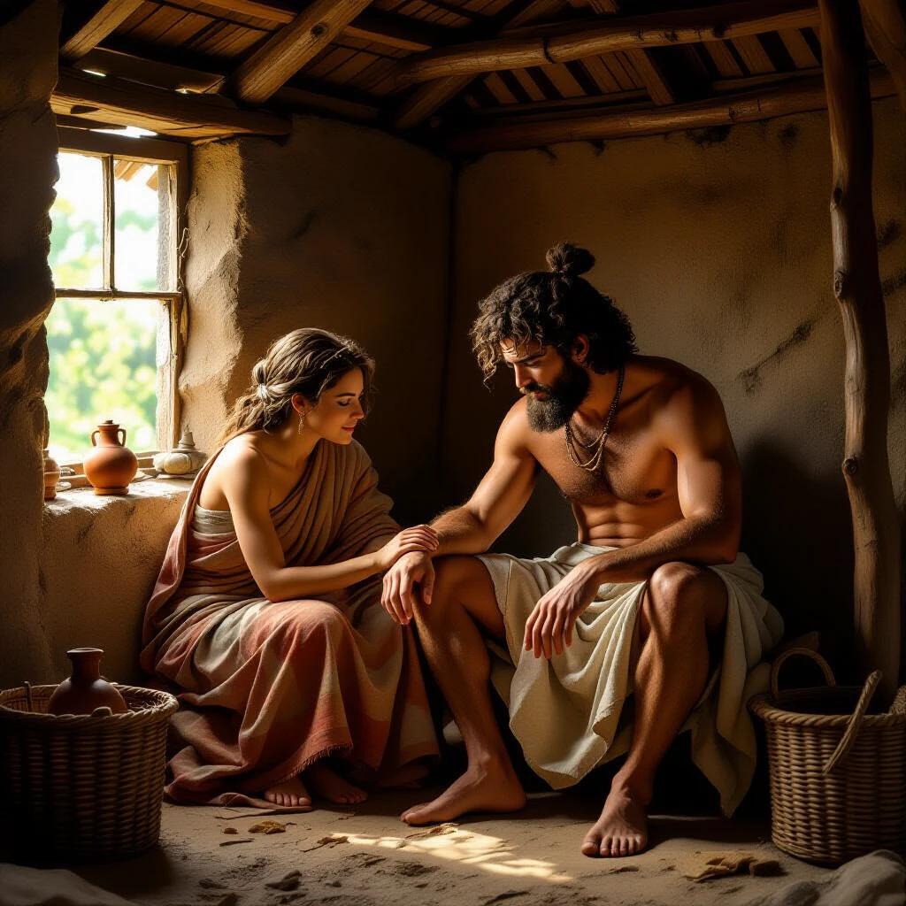 Sudhama indoors in a humble hut. His wife persuades him to visit Krishna. Sudhama wears an old dhoti. He has a worried expression. Background features mud walls and a clay lamp.