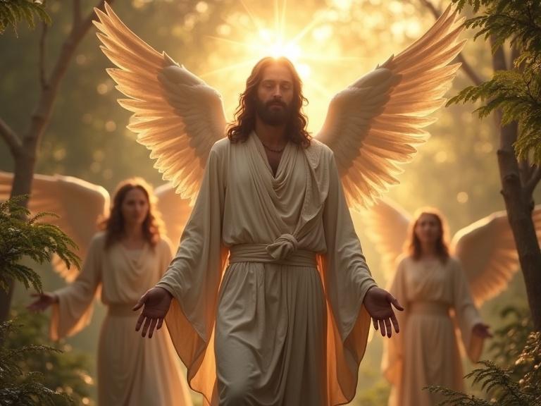 A serene portrait of Jesus in a paradisiacal setting surrounded by angels. The angels enhance the peaceful atmosphere.