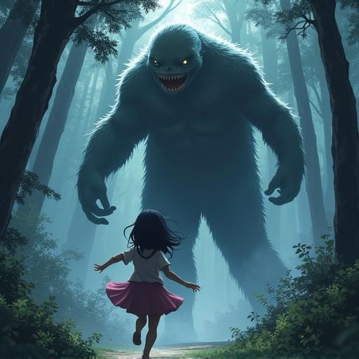 Anime depiction of a girl fleeing from a large monster in a dark forest setting.