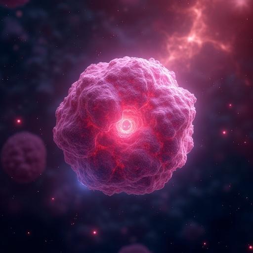 A visual representation of plasma. Illustrates the state of matter known as plasma. The image features a luminous spherical object representing plasma. The background has a cosmic theme with stars and nebulae.