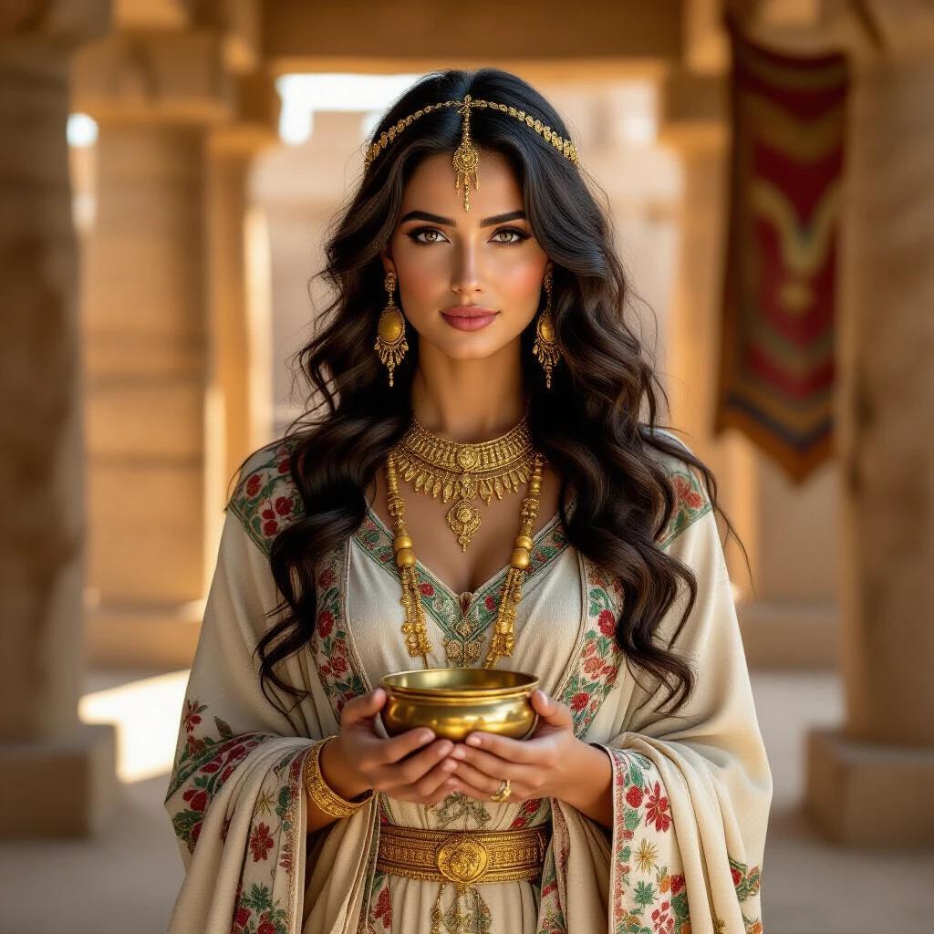 Hyper-realistic full-body portrait of Shamhat from the Epic of Gilgamesh. Beautiful Mesopotamian woman with dark wavy hair and gold jewelry. Flowing embroidered robe. Wise and calming expression. Holding a ceremonial offering. Ancient Babylonian temple with stone pillars and hanging tapestries in the background. Soft sunlight and cinematic detail.