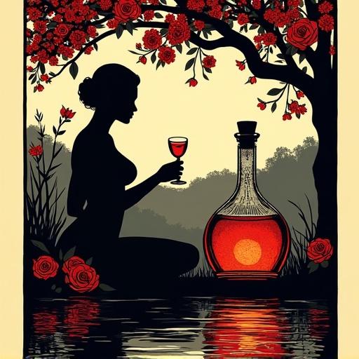 A modern linocut artwork inspired by silhouette and shadowgraphy. Lush orchard scene by the water with a voluptuous woman holding a shot glass. Glowing apothecary bottle of liqueur rests near her by the pond under a flowering rosebush. Black art set on a soft beige background with vintage feel.
