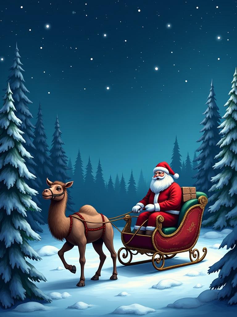 Santa is in a traditional sleigh. Camel is pulling the sleigh. Snowy forest background surrounds the scene. Bright stars fill the night sky. Sleigh is adorned with gifts. Trees have a snowy blanket.