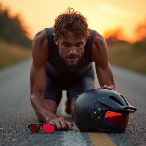 Exhausted biker kneels next to scratched matte-black helmet at dusk. Sweat on skin contrasts with lycra. Ground features cracked asphalt and red-lens sunglasses. The image conveys regret and dignity.