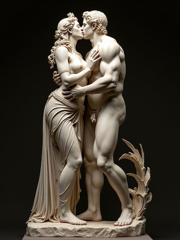 Sculpture of Cleopatra and Hercules in an intimate pose. Emphasis on strong muscular features and elegant drapery. Ultrarealistic representation with intricate details. Soft lighting and dramatic shadow effects.
