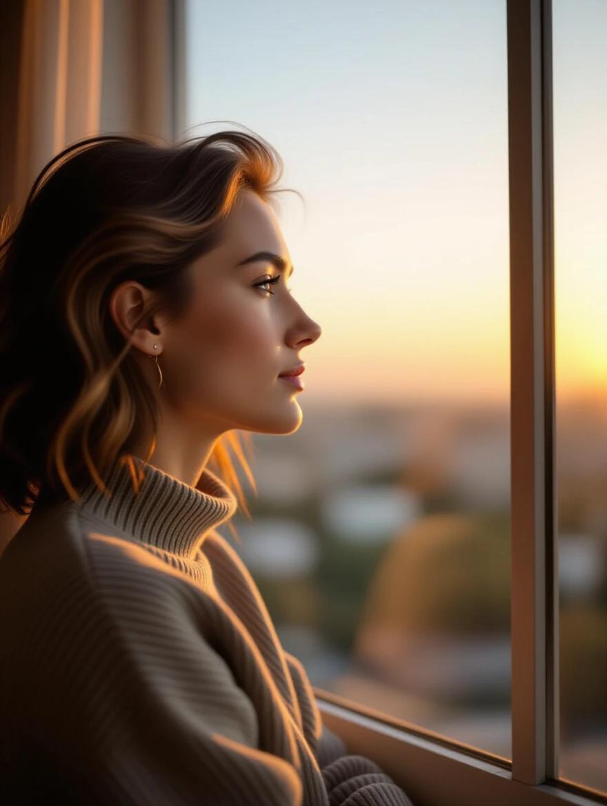 Person gazes at distant horizon through window during golden hour. Profile shot captures contemplative expression. Warm natural lighting enhances atmosphere.