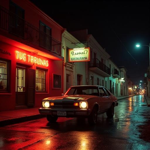 Nighttime scene on cobblestone street in Barrio Antiguo Monterrey. Classic American car parked with headlights on in front of a bar with a flickering neon sign. Stylish couple just exiting or entering, immersed in meaningful conversation. Atmospheric lighting casts shadows from colonial buildings and neon flashes. Scene conveys mystery, latent violence and casual style.