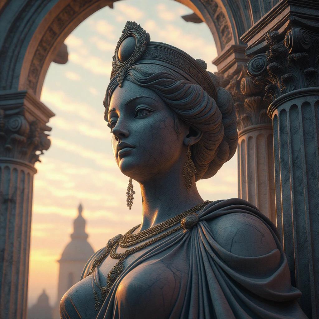 Digital art of a goddess statue in a baroque and vaporwave style featuring intricate details. The statue is displayed between columns with a beautiful sunset backdrop.