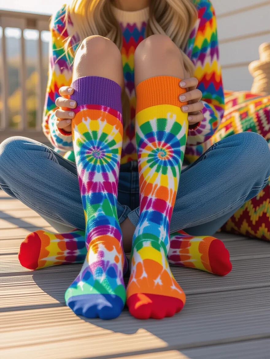 A vibrant lifestyle photo showcases cotton crew socks with a spiral tie-dye pattern. The socks feature a rainbow gradient from deep purple to red. Swirls and color transitions are prominent. The model sits cross-legged on a vintage wooden deck. Golden hour sunlight enhances warmth. Background has blurred bohemian decor. Retro-inspired photography captures saturated colors and film grain texture.