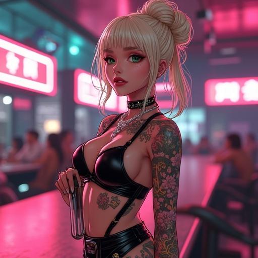 Anime scene set in 2145 featuring a 59 year old woman with striking emerald green eyes and light blonde bun. She has a muscular build, dark tattoos, and fashionable attire. The background shows a futuristic nightclub with vibrant neon lighting. She holds a cigar while surrounded by fans, showcasing an edgy yet elegant style.