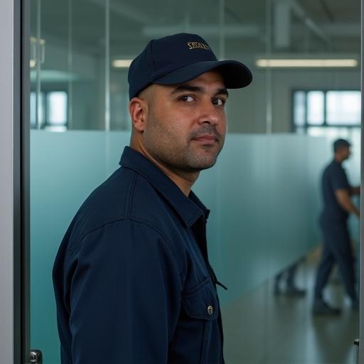 Man in IT team is by the door with glass panel. He wears dark blue uniform and a cap. He is bald with a slight round face. He stands ready to catch flies attracted to outside light. The lighting is bright and natural. His expression is focused.