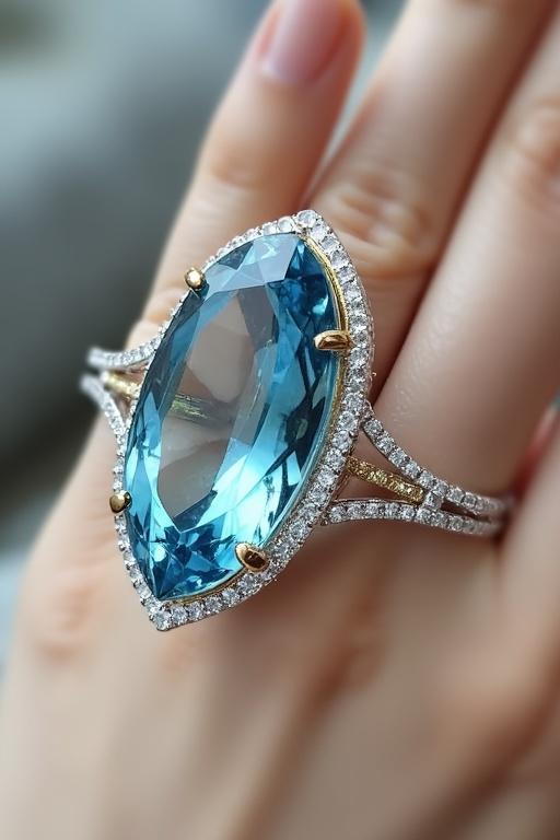 A close-up of a beautiful aquamarine ring. The ring features an elongated oval aquamarine set in a silver band. The band also has intricate designs with sparkling diamonds. A model wears the ring on their finger. The lighting is soft, showcasing the ring's brilliance.