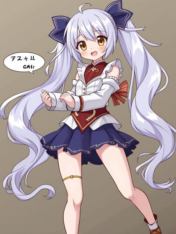 Anime character stands in a playful pose. Character features long white hair, big blue bows, and a stylized outfit. Expressions convey joy and enthusiasm.