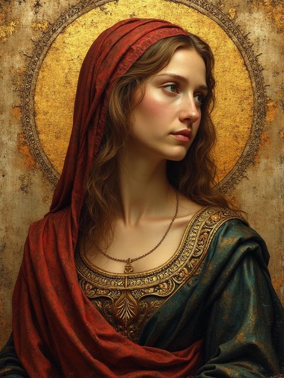 A portrait of a young woman in Renaissance style. She wears a crimson veil and an ornate dress. Golden background enhances her serene expression.