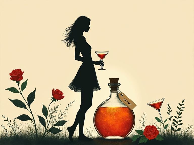 Artwork of silhouetted woman in short dress holding cocktail glass. An apothecary bottle glows with liquid nearby. Two cocktail glasses flank the bottle. Surrounded by roses and wildflowers. Beige background. Clean minimalist style.
