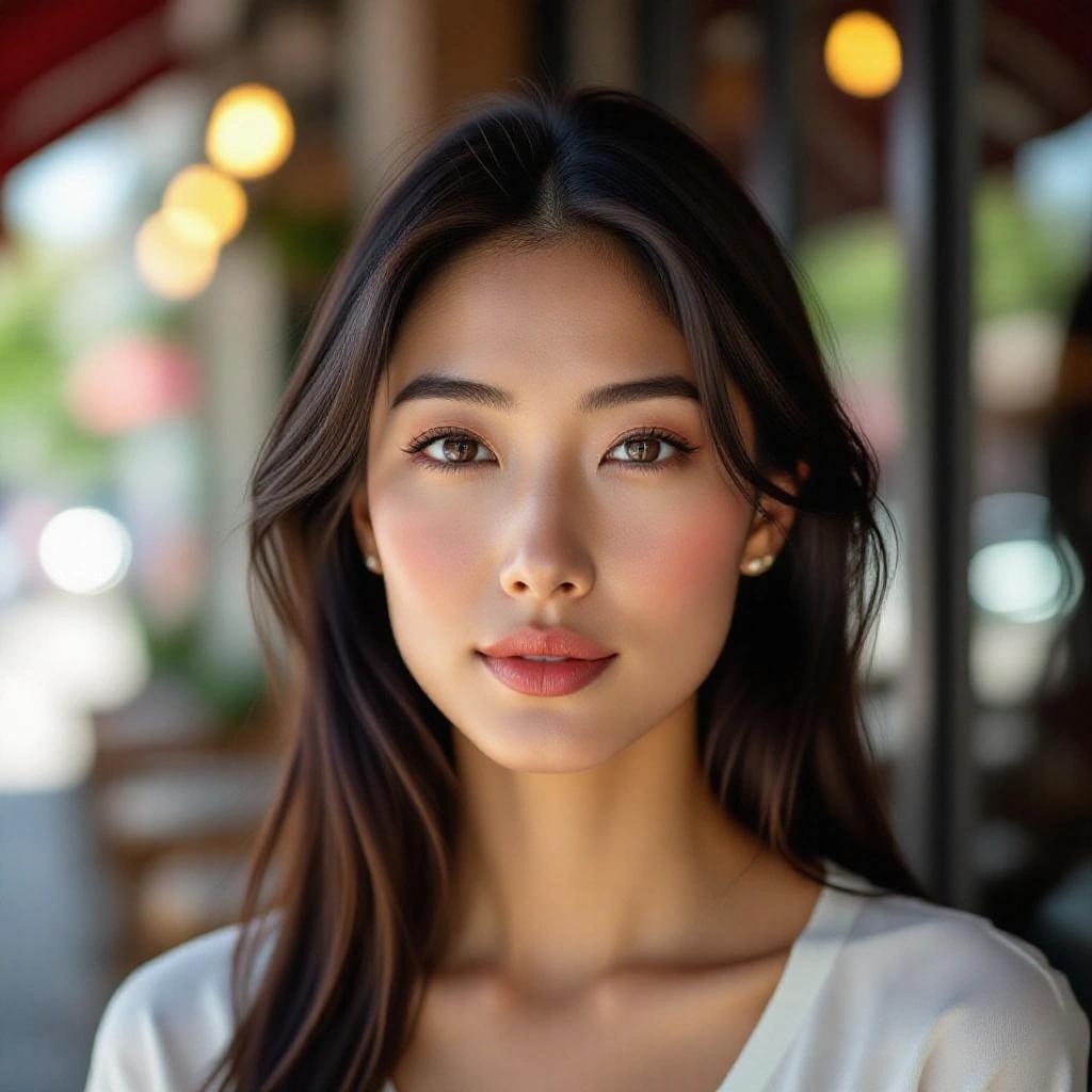 High-resolution portrait features a 28-year-old East Asian woman. She has long black hair and fair skin with warm undertones. Minimal makeup enhances her natural beauty. The setting is outdoors near a restaurant with a blurred background. The image emphasizes her head, neck, and shoulders with a candid expression and soft lighting.