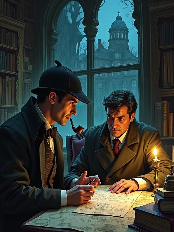 Detailed illustration of Sherlock Holmes wearing deerstalker and cloak. Intense discussion with Dr. Watson in a dimly lit room filled with books and maps. Holmes gestures with a pipe laying out theories while Watson takes notes. In the background, the ominous mansion depicts a mysterious disappearance.