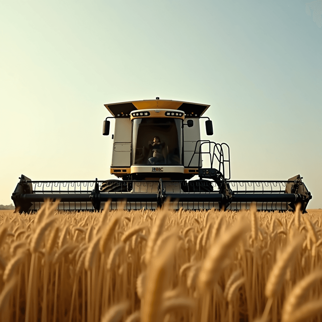 A large combine harvester moves through a golden wheat field under a clear sky.