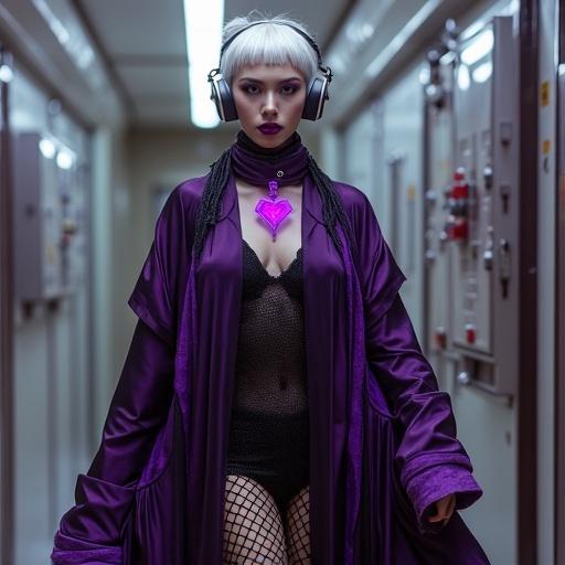 Lilly presents a retro-futuristic aesthetic in dramatic flowing robes made from changing color fabric. Fishnet bodysuit is worn underneath. Stark white geometric hairstyle with faint glowing strands. Bold theatrical makeup features dark lips and sharp eyeliner. Platform moon boots are chunky with metallic touches. She has oversized headphones around her neck and a custom case likely containing sound equipment. Lilly moves gracefully through ship corridors with signature choker featuring purple heart.