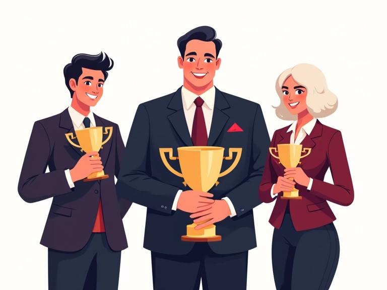 Illustration of three adults in professional business attire standing side by side. The left figure is a short Italian man with wavy hair holding a small trophy. The center figure is an older Chinese man holding a large trophy with both hands. The right figure is a young blonde woman holding a medium-sized trophy. All individuals are smiling and pose confidently. The color scheme includes rich maroons and navy blues. The background is transparent.