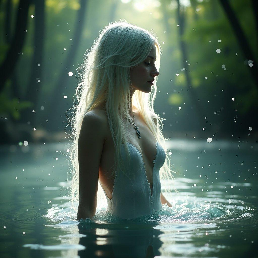 A mystical figure emerges from the water. Enveloped in droplets that catch light. Skin and hair blend with the water. Soft morning light filters through a forest. Creates a serene and magical atmosphere.