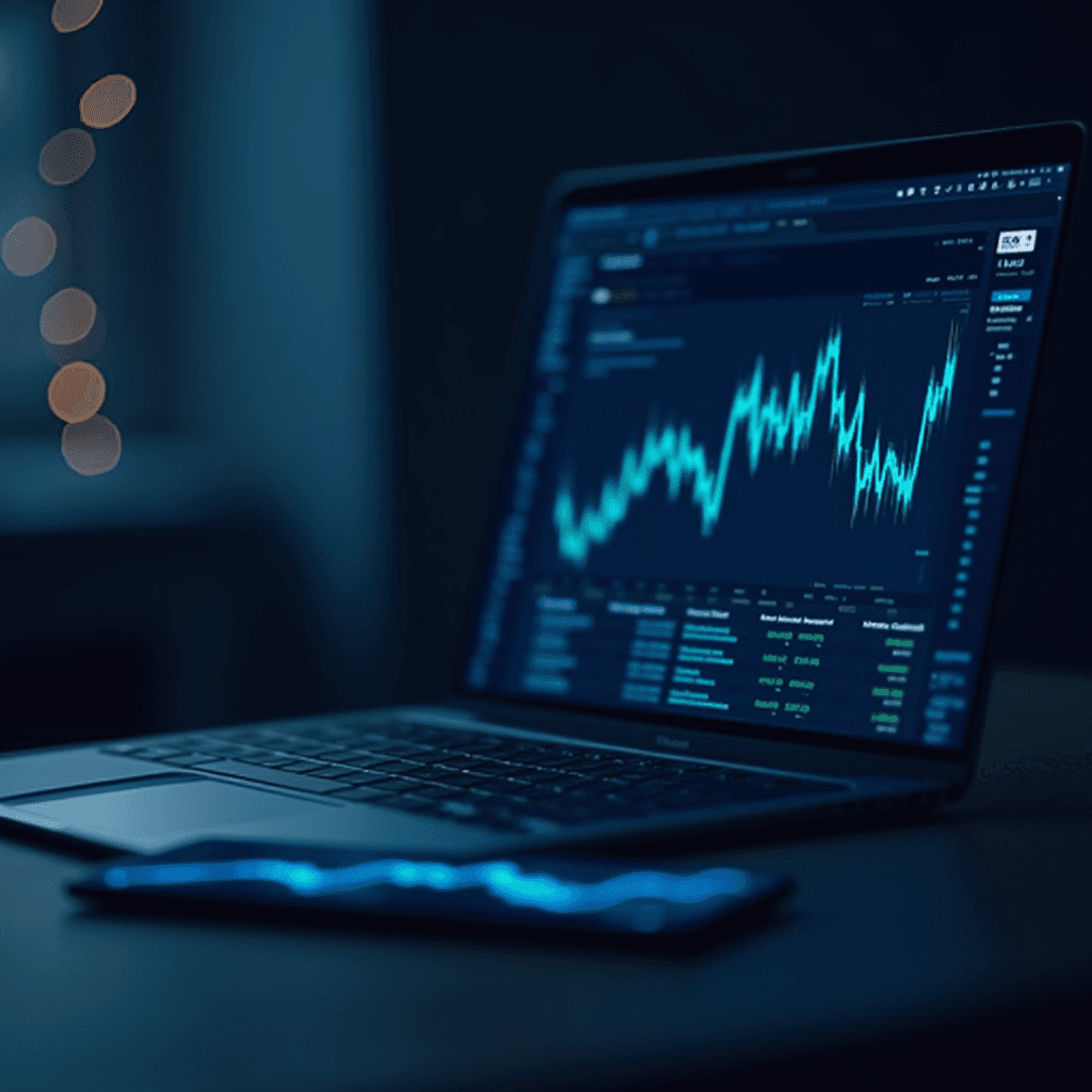 A laptop displaying a bright, fluctuating graph and financial data on a dimly lit desk.