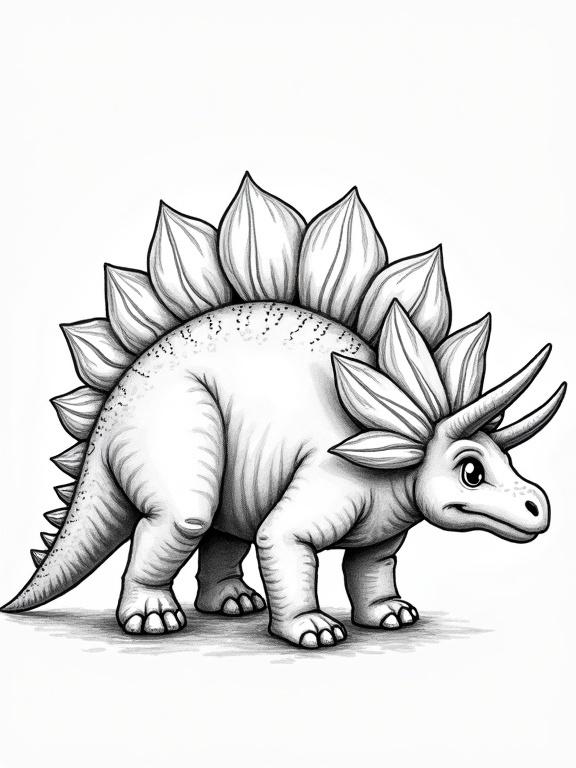 Dinosaur drawing suitable for coloring featuring a Stegosaurus with spikes and a friendly expression. Simple lines and no color.