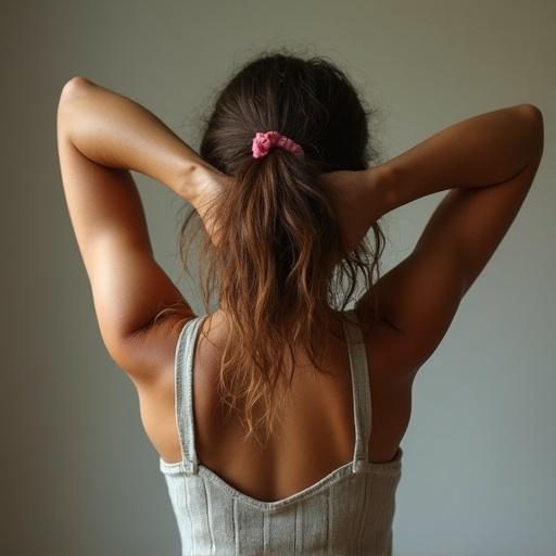 Girl with arms behind her head, showcasing hair and relaxed posture. Hairy armpits are visible. Dressed in a sleeveless top.