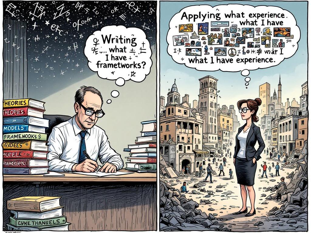 Cartoon contrasting theory and real-world application. Serious academic man behind a desk with stacks of books. Thought bubble filled with complex symbols. Practical corporate woman in a city crisis setting. Thought bubble filled with real experiences.