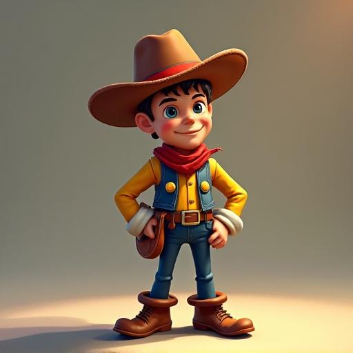 Character design for a video game. A young cowboy stands confidently in casual attire with a hat and tie. He wears boots and denim overalls. Friendly expression. Cartoon style.
