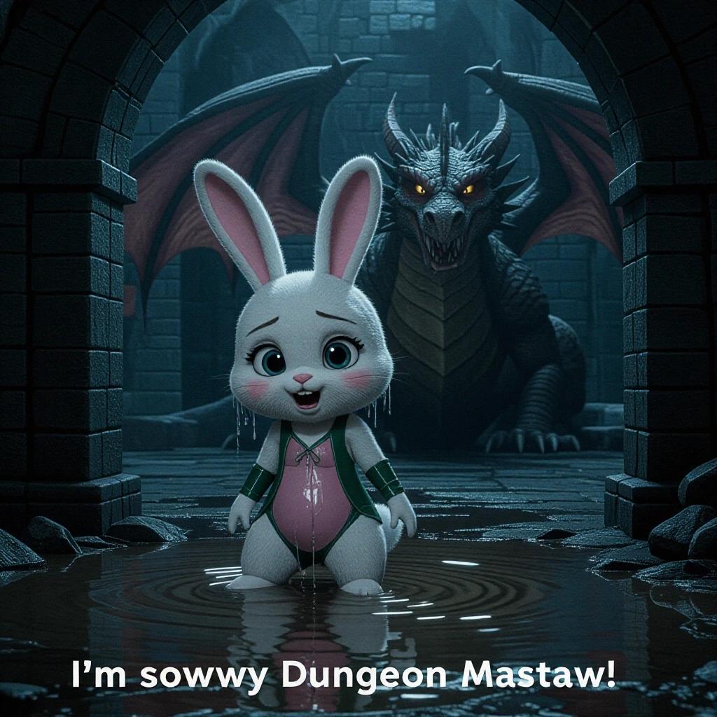 Cinematic still featuring a cute anthropomorphic bunny girl. Character standing in a wet puddle. Nervous expression evident. Background shows a deep dark dungeon. Enormous dragon is lurking in the shadows. Subtitle reads 'I'm sowwy Dungeon Mastaw.'