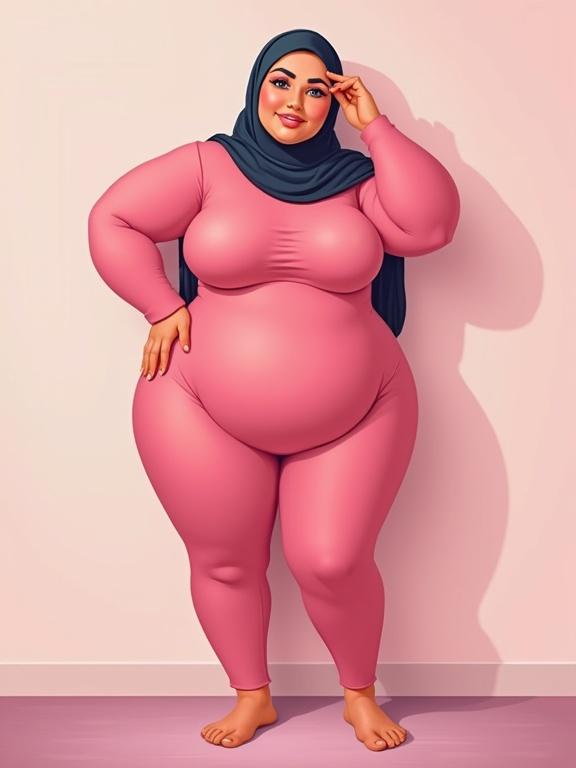 A confident woman in a pink bodysuit stands with her hand on her head and hip. She is wearing a hijab and has a chubby figure with wide hips and thick thighs. The background is a simple wall.