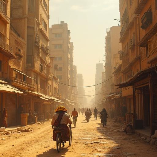 Image of Thahorara city street with dust and haze. People cycling and using rickshaws. Tall buildings with a rural background. Urban atmosphere influenced by traditional practices. Sunlight creates soft patterns through the dust.