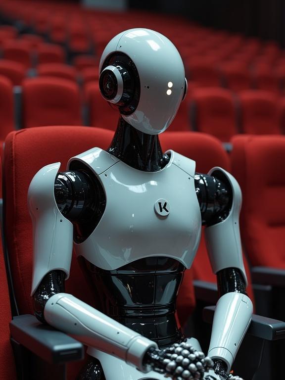 Faceless female android robot sitting in a theatre chair. Style reflects contemporary robotics design.