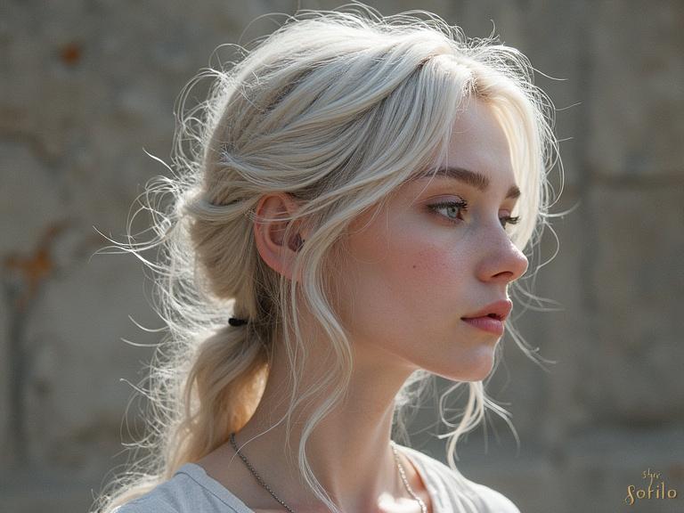 A woman with long white-blonde hair appears in profile. She has a subtle expression. The background is soft and blurred. The focus is on her features and hairstyle.