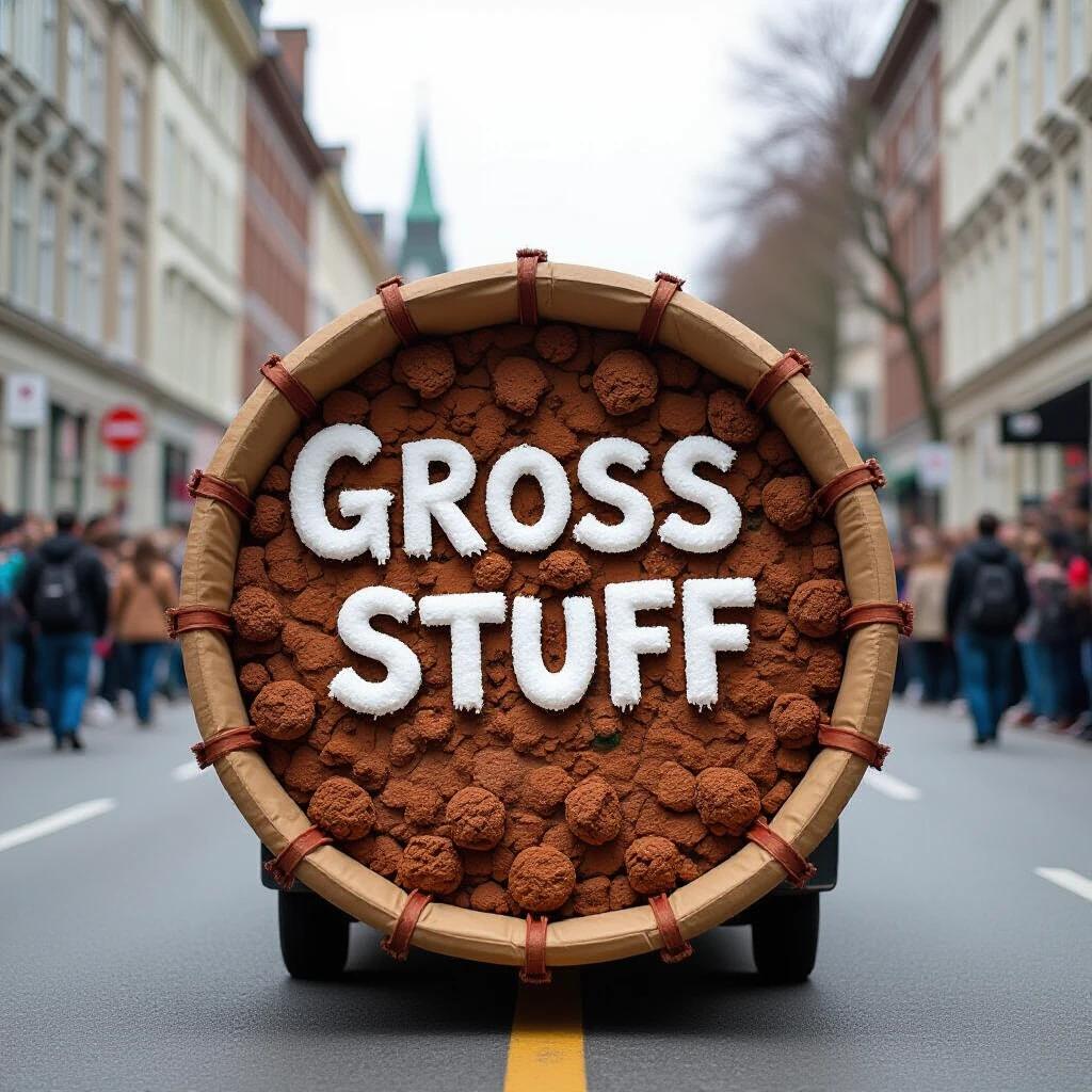 A large cart filled with faux cookies and a sign that says GROSS STUFF. The cart is in the center of a street during a festival. Crowds of people in the background walking past buildings.