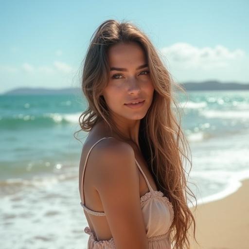 Realistic photography of an attractive woman posing on sandy beach near the wavy ocean. Warm sunlight enhances the beach scenery. Woman wears beach attire and has long flowing hair.