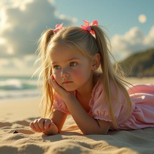 Realistic scene resembling classical painting. Girl with blonde hair in two ponytails, wearing a pink lace dress, lying on a sandy beach. She rests chin on hand, pointing at a ladybug. The setting is warm and dreamy, with soft natural lighting at sunset, featuring blurred background with moon.