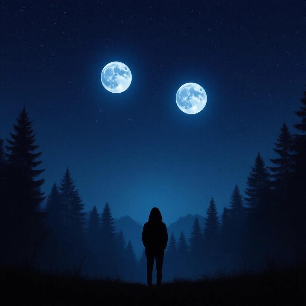 A calm cinematic scene of a person standing in a forest at night. The sky features two moons shining brightly. The atmosphere is peaceful and awe-inspiring with stars and silhouetted trees.